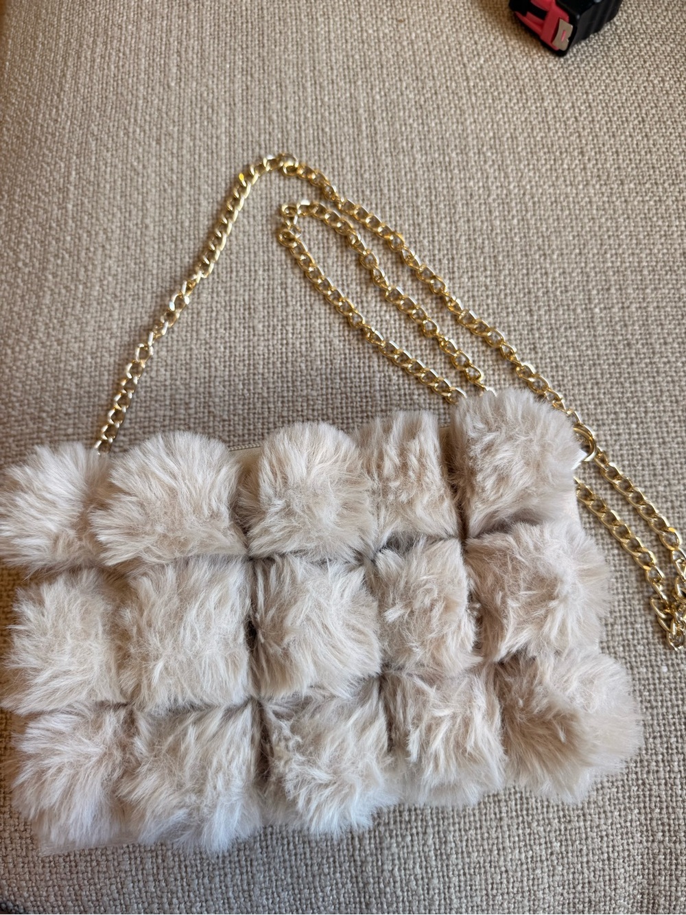 Faux Fur Pom Pom Crossbody Purse – Cream/Beige with Gold Chain
